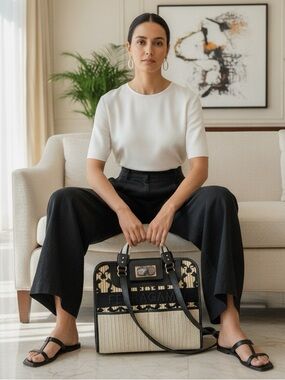 NEW Salvatore Ferragamo Miele Nero Black & Cream Raffia and Leather Tote